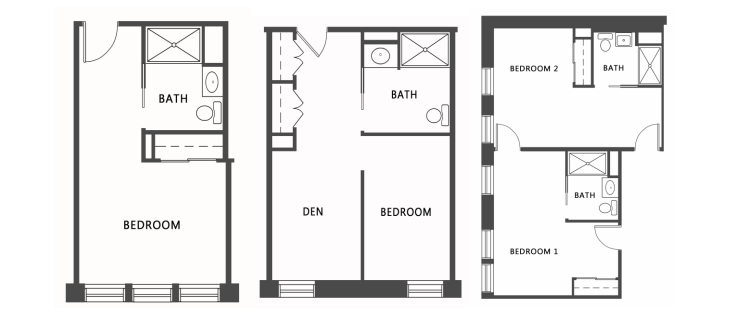 All 3 floor plans. A large studio bedroom with bathroom. A Large bedroom with a den and bathroom. A two bedroom two bathroom adjoining rooms. 