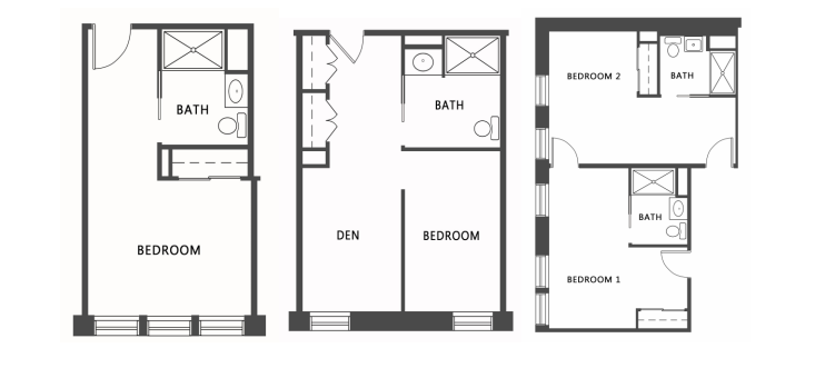 All 3 floor plans. A large studio bedroom with bathroom. A Large bedroom with a den and bathroom. A two bedroom two bathroom adjoining rooms.