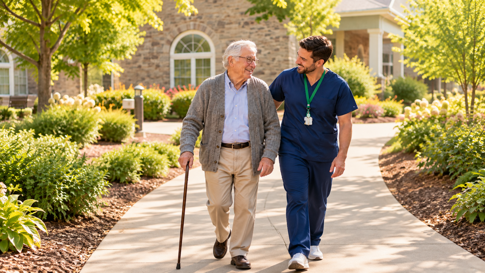 resident and care aid walking outside