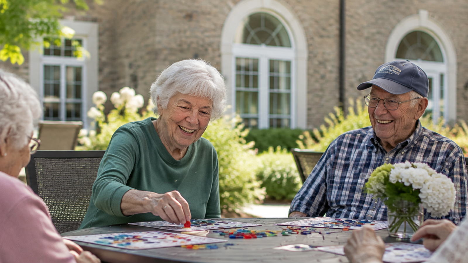 residents playing cards at table outside