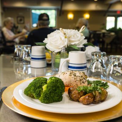 chicken and broccoli dinner served at Champlain Valley Senior Community