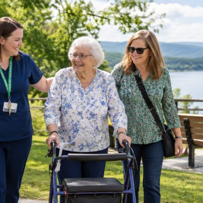 staff walking resident with walker
