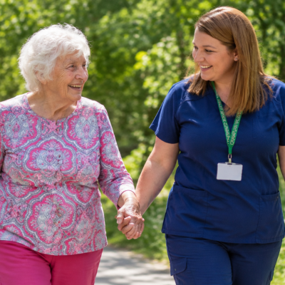 staff walking resident