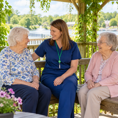 staff outside with resident