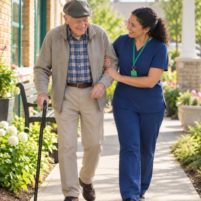 caregiver outside walking resident inside